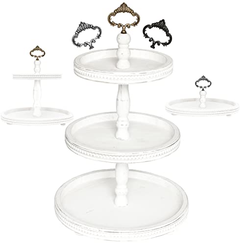 [3-in-1] Wooden Tiered Tray - Beaded 3 Tiered Tray Decor Wood Cupcake Stand for Farmhouse Country Rustic Home - 3 Tier Stand [Includes 3 Changeable Handles] by Felt Creative Home Goods (White)