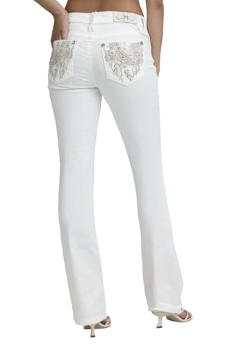 Miss Me Womens Dreamcatcher Rose Embellished Pockets Mid-Rise White Bootcut Jeans (White 29W x 30L)