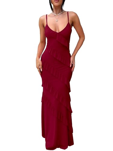 Image of HOCILLE Women's Sexy V Neck Backless Bodycon Spaghetti Strap Elegant Ruffle Maxi Cocktail Party Dresses