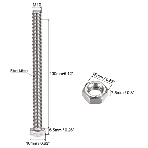 Image of uxcell M10 x 130mm Hex Head Screws Bolts, Nuts, Flat & Lock Washers Kits, 304 Stainless Steel Fully Thread Hexagon Bolts 6 Sets