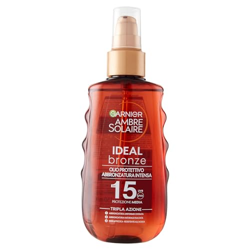 Garnier Aceite de bronceado en aerosol, protección media, SPF 15+, bronceado dorado e intenso, piel protegida y besada por el sol, resistente al agua, Ambre Solaire, Bronce ideal, 150 ml
