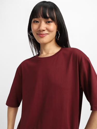 Image of JUNEBERRY Pure Cotton Oversized Baggy Fit Half Sleeve Drop Shoulder Plain Solid Round Neck T-Shirt for Women (Available in Black, White, Lilac, Cork, Maroon, Royal Blue, Swan White, Soap Nut Colors)