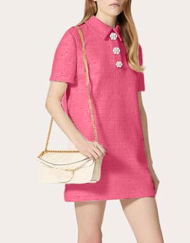 Women's Tweed Mini Shift Dress Polo Collared Party Formal Short Dress Rhinestone Button Up Work Tunic Dress2