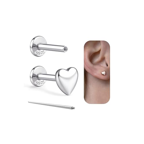 16G/18G Solid 925 Sterling Silver Flat Back Stud Earrings for Women, 6mm and 8mm Post Lengths, Tragus Conch Helix Piercing Jewelry Heart Snake Star CZ Gold Silver Nose Piercings