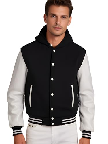 Image of Deckra Men's Varsity Jacket Genuine Leather Sleeve and Wool Blend Letterman Boys College Varsity Jackets with Hood XXS-5XL