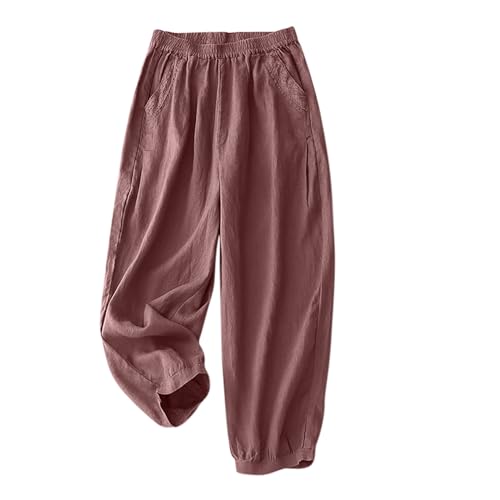 RLEHJN Summer Trousers for Women Lightweight Wide Leg Cotton Linen Trousers Elasticated Waist Solid Color Yoga Pants Casual Loose Lounge Pants Full Length Straight Leg Bottoms with Pockets Hot Pink