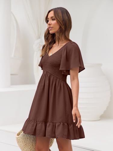 Image of LILLUSORY Women's Flowy Casual Mini Dresses 2026 Summer Graduation Smocked V Neck Vacation Dress Dress with Pockets
