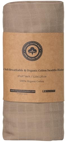 Organic Cotton Beige Swaddle Blanket - 100% Cotton, Muslin Weave, Extremely Soft, Breathable, All-Natural, 47"x47", Versatile Use Swaddle Blanket - Gauze Swaddling Blanket for Newborns (Beige)