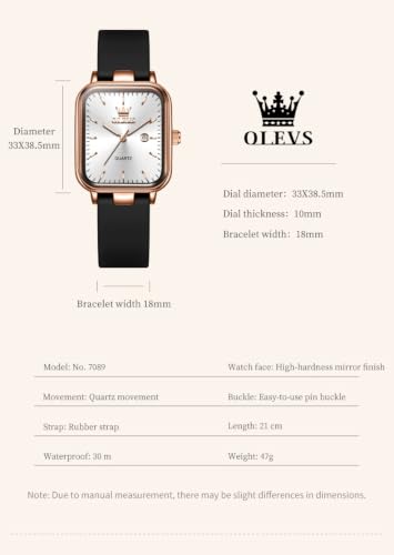 Image of OLEVS Watch for Women Quartz Square Dial Analog Wristwatch Silicone Waterproof Classic Elegant Design Ideal Daily Wear Gift