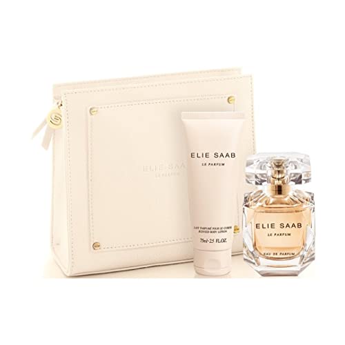 Elie Saab Eau De Perfume Set of 1.6 oz. EDP Spray, 2.5 oz. Body Lotion, Ivory Beauty Pouch