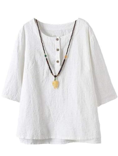 FTCayanz Women's Linen Tops Shirts Summer Casual Jacquard Tunic Blouse Large White - image 1