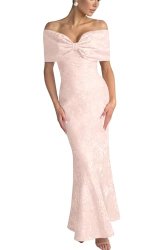 Women's Jacquard Satin Mermaid Maxi Dress Off Shoulder Bodycon Corset Formal Evening Party Dress with Bow