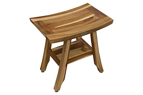 Ecodecors Satori Shower Stool Teak Wood Shower Bench With Curved Seat And Shelf 17″ Wooden Seat Shower Stool In Earthy Teak Finish #TOP3