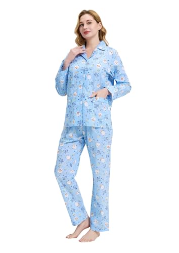 Image of GLOBAL Women Cotton Pajamas Long Sleeve PJs Button Down Sleepwear S-3XL