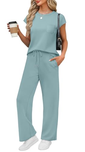 Image of WIHOLL 2 Piece Sets for Women Casual Summer Travel Vacation Outfits Cap Sleeve Lounge Set