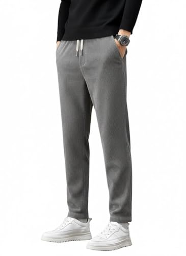 Image of SMOWKLY Men's Ribbed Casual Trousers | Cotton Blend Drawstring Elastic Waist Pants for Men | Comfortable Breathable Lounge Pants | Relaxed Fit Stylish Summer Bottom Wear for Men