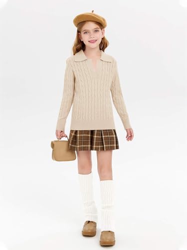 Image of Girls Sweaters Kids Fashion Cable Knit Collared V Neck Pullover Sweater Tops 5-14 Years Khaki