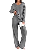 Ekouaer Lounge Sets for Women Long Sleeve Knit Ribbed Pajama Sets 2 Piece Casual Loungewear with Pockets Dark Gray
