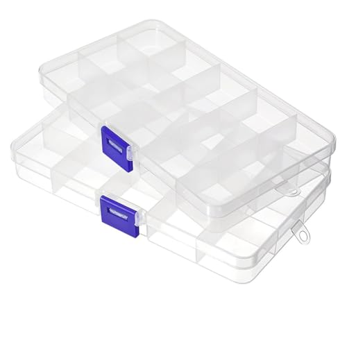 JYNXOR 2 Pcs Cajas Organizadoras de Plastico, Cajas Almacenaje Plastico Pequeñas con 15 Compartimientos Ajustables, Caja Organizadora plastico Transparente para Organizador de Tornillos Pernos Anillos