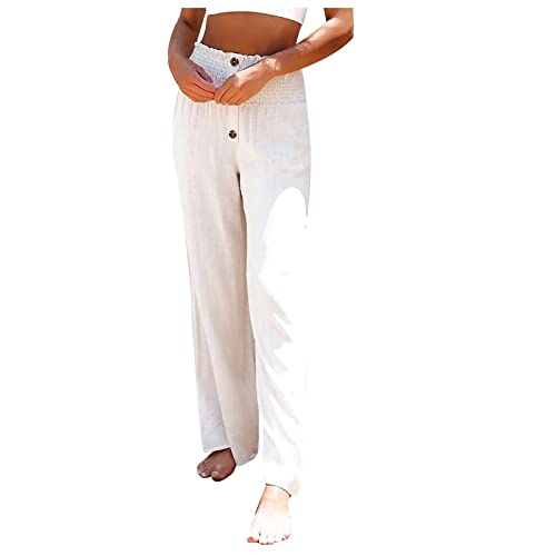 Linen Pants Women Summer Beach Casual Loose Wide Leg Pants for Women Elastic Waist Palazzo Pants Trousers with Pockets