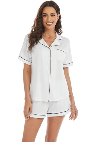 Image of LUBOT Women's Pajamas Set 95% Cotton PJs Set for Women Button-Down Two-piece 2PC Set Summer Night Suit Sleepwear Loungewear (White, 2XL)