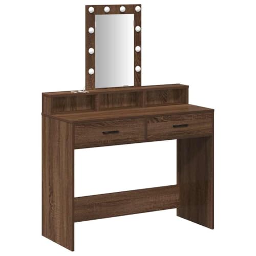zylophax Tocador con almacenamiento marrón de madera 100 x 41 x 140 cm, iluminación LED de espejo, cajones, conexión USB para dormitorio, almacenamiento de cosméticos y estilismo