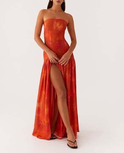 Image of Women Floral Strapless Maxi Dress Y2K Bodycon Tube Long Dresses Sexy Party Formal Cocktail Beach Slit Dress