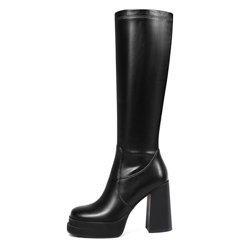 Women's Black Platform Knee High Boots Womens High Chunky Heel Square Toe Stretchy Platform Long Boots Shoes for Women(not for wide calf)2