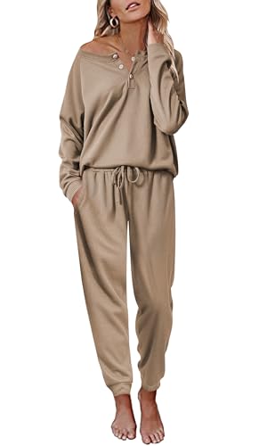 Ekouaer Tracksuit Set for Women Long Pajama Set Waffle Knit Loungewear 2 Piece Sweat Suit Set...