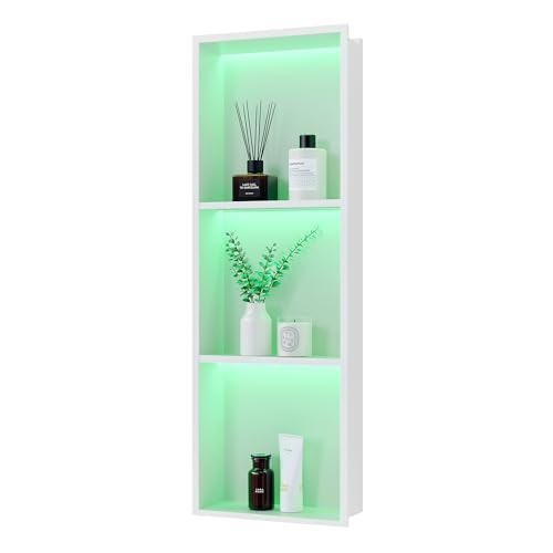 Neohomee 3-Tier 12x36Inch Wall Niche with RGB Lights, White Recessed Stainless Steel Shower Niche with RGB Colorful Remote Control, NO Tile Needed Bathroom Storage Organizer Waterproof