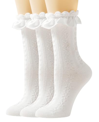 Image of AMHRLINGTO Women Lace Socks Ruffle Frilly Socks - Comfortable Cotton Socks Cute Socks Princess Lolita for Ladies Gril