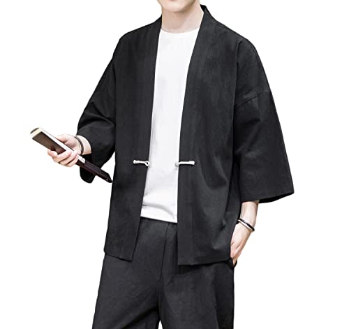 Image of Mens Kimono Cardigan Cotton Linen Japanese Shirt 3 /4 Sleeve Haori Yukata | Skin-Friendly Solid Color Lightweight Shawl Collar Kimono Robe Embroidery Button Tie Pockets Happi Coat All Season Daily Wear