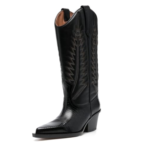 YDN Women Wide Calf Pull On Western Cowboy Boots Pointed Toe Block Mid Heel Stitching Tall Boots Daily Holiday Retro Shoes Size 4-16 US