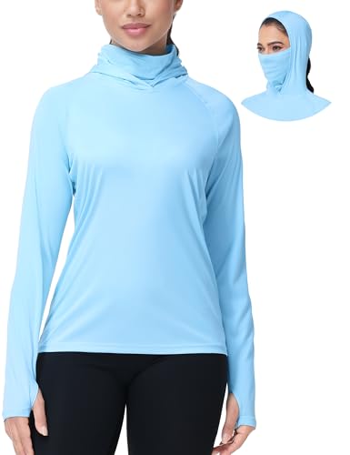 isnowood Women's Sun Protection Hoodie UPF 50+ Hiking Fishing Shirt, Long Sleeve UV Rash Guard with Face Mask Lightweight