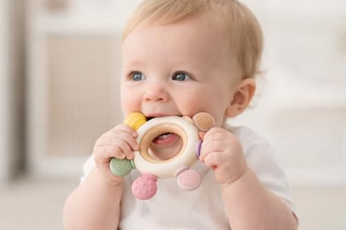 Image of ToyTastic Baby Teething Toy Ring with Multi-Texture Silicone & Wooden Grip | BPA Free Teether for Infants | Sensory Chew Toy for Gum Relief & Motor Skill Development