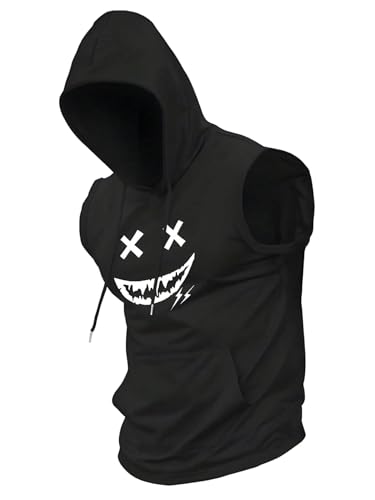 Men's Graphic Hooded Tank Tops Drawstring Sleeveless Hoodies Summer Workout Top