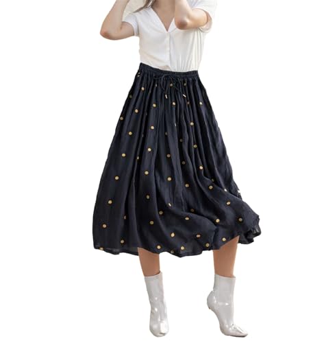 IVERIRMIN Women's Polka Dots Pleated Cotton Linen Midi Skirt Casual Summer Drawstring Elastic High Waist Layer Lined Skirts