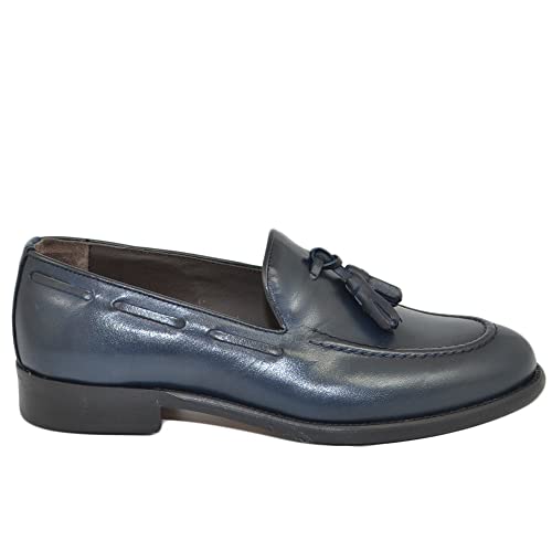  Scarpe Uomo Classico Mocassino Inglese Blu Dandy Nappa Vera Pelle Fondo Cuoio Made in Italy (43 EU)