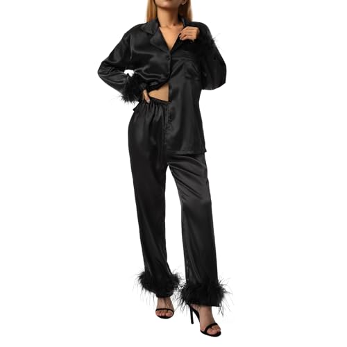 Women Satin Silk Pajamas Set with Fuzzy Feather Trim Solid Long Sleeve Shirt Tops High Waisted Pants Pjs Loungewear