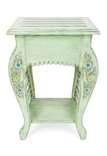 Image of Multipurpose Table Outdoor Indoor Stool Flower Vase Stool with One Drawer Material Mango Wood Size 30.5CM x 30.5CM x 53.3CM (Lite Green Antique)