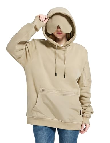 Relexit Travel Hoodie with Built-In Eye Mask for Airplane Travel Breathable Comfort Pullover Sweatshirt Multiple Pockets Warm Beige M