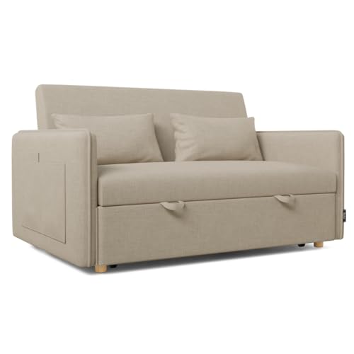 Nalui- Sofa Cama 2 plazas 3 en 1 Nest 2 139x100x80cm con Respaldo Ajustable y 2 Almohadas. Sofa Cama Chaise Longue, Soporta hasta 240Kg. Sofa 2 Plazas Convertible en Cama 120x190cm, Beige