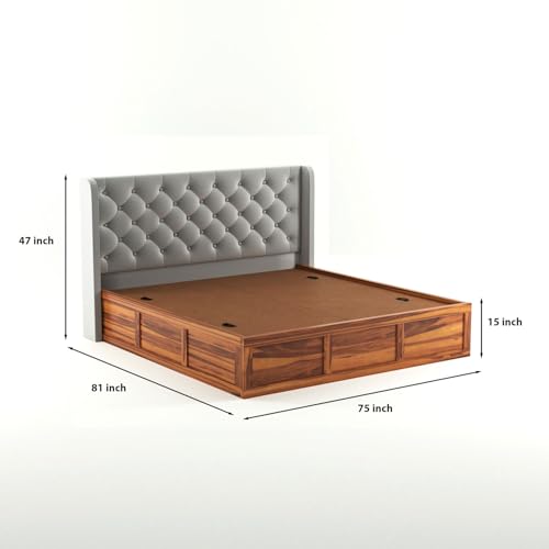 Image of Solid Sheesham Wood King Size Bed with Storage | Wooden Double Bed Cot Bed with Box Storage & Velvet Upholstered Cushioned Headboard for Bedroom (Honey D, King)