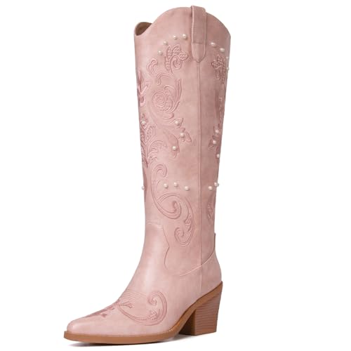 Image of Western Cowboy Boots for Women Knee High Cowgirl Boots with Classic Embroidered, Pointed Toe Chunky Heel Fashion Retro Classic Pull On Tall Boot Women Fall Winter