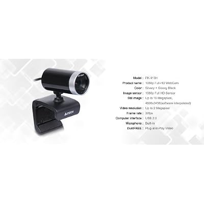 A4Tech PK-910H Internet Camera, 1080P Full HD, 16MP, With Microphone, 9.4 x 3.71 x 5.79 cm, USB, Silver/Black