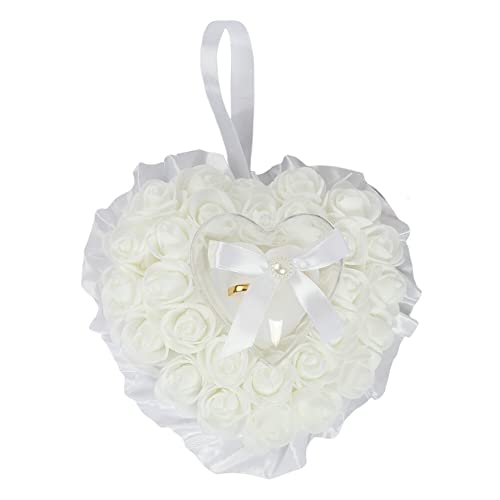 Wedding Ring Pillow, Foam Roses Heart Shaped Wedding Ring Pillow Hanging Box with Ribbon, Bridal Ring Pillow Ring Cushion for Wedding Party Decoration Supplies
