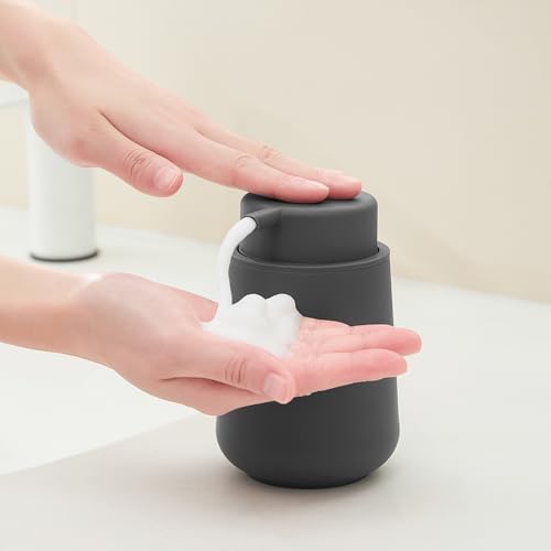 Image of YAUKPH Matte Gray Foaming Hand Soap Dispenser Plastic 11 oz - Modern Minimalist Style for Bathroom & Kitchen Countertop Refillable
