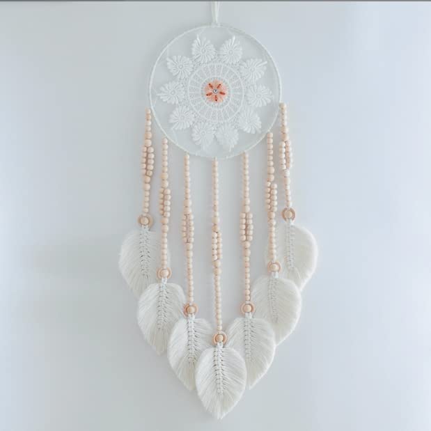 BMIDRUT Cotton Woven Macrame Tapestry Dream Catcher Handmade Woven with Feather Tassel Craft Ornament Bedroom Living Room Apartment (White)