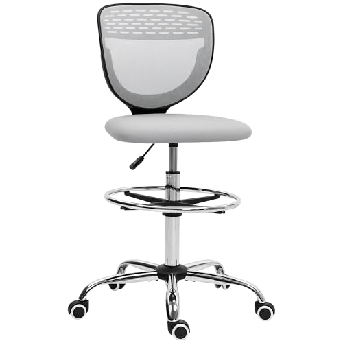 Vinsetto Silla de Oficina ergonómica Taburete de Oficina con reposapiés y sin reposabrazos, Silla de Dibujo de Respaldo Medio de Malla, Altura Ajustable, Asiento Acolchado y Giratorio 360° Gris Claro