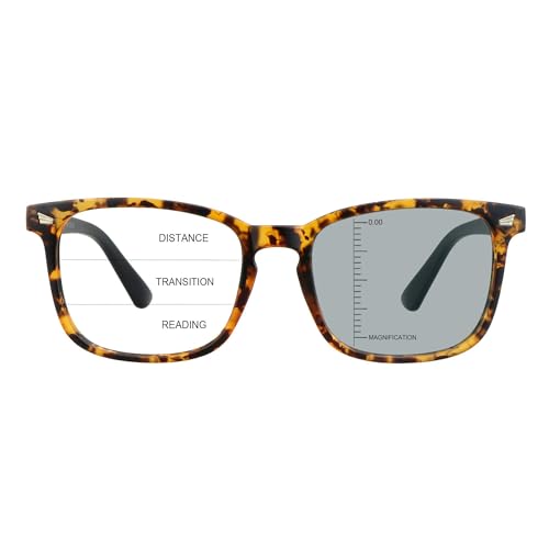Image of Vintage Square Progressive Multifocal Presbyopic Glasses, Photochromic Gray Sunglasses for Men Women Readers (Dark Tortoise,+0.00 /+1.25 Magnification)